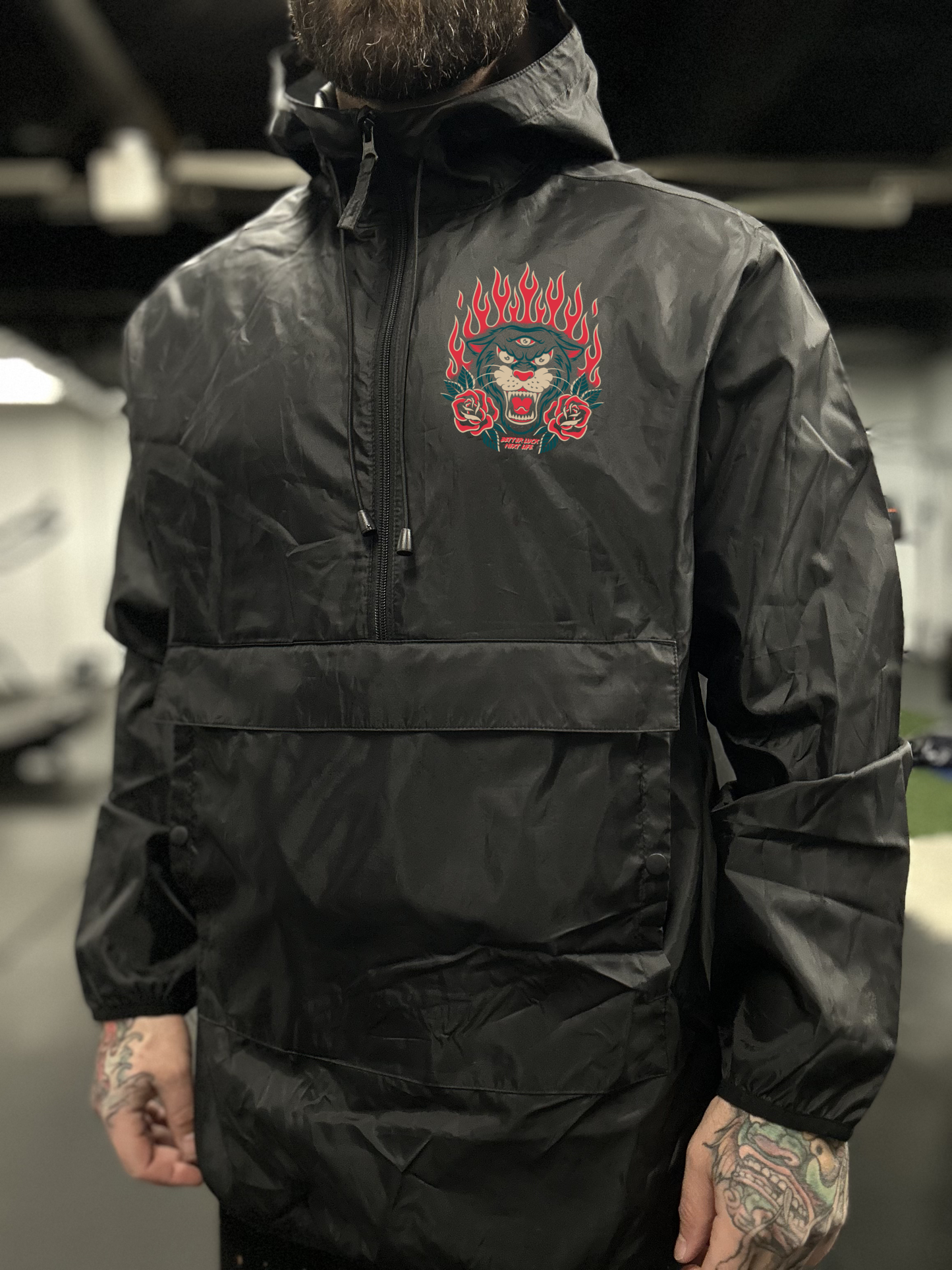 BETTER LUCK NEXT LIFE "THREE EYES" PACKABLE FANNY PACK ANORAK JACKET (Black/Multi)