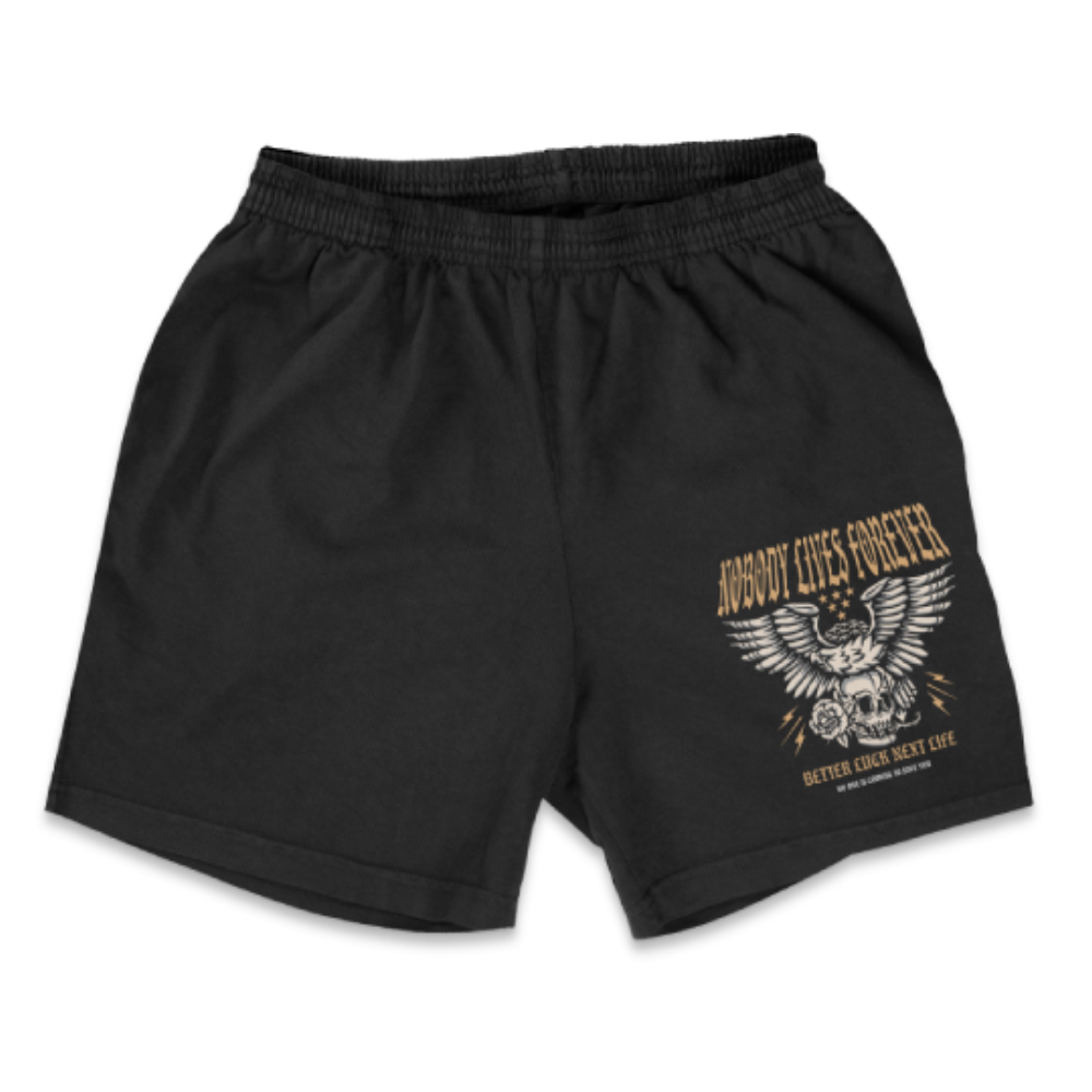 BETTER LUCK NEXT LIFE "NOBODY LIVES FOREVER" 4.5" PERFORMANCE SHORTIES (Black/Multi)