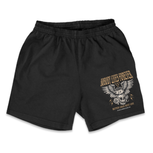 BETTER LUCK NEXT LIFE "NOBODY LIVES FOREVER" 4.5" PERFORMANCE SHORTIES (Black/Multi)