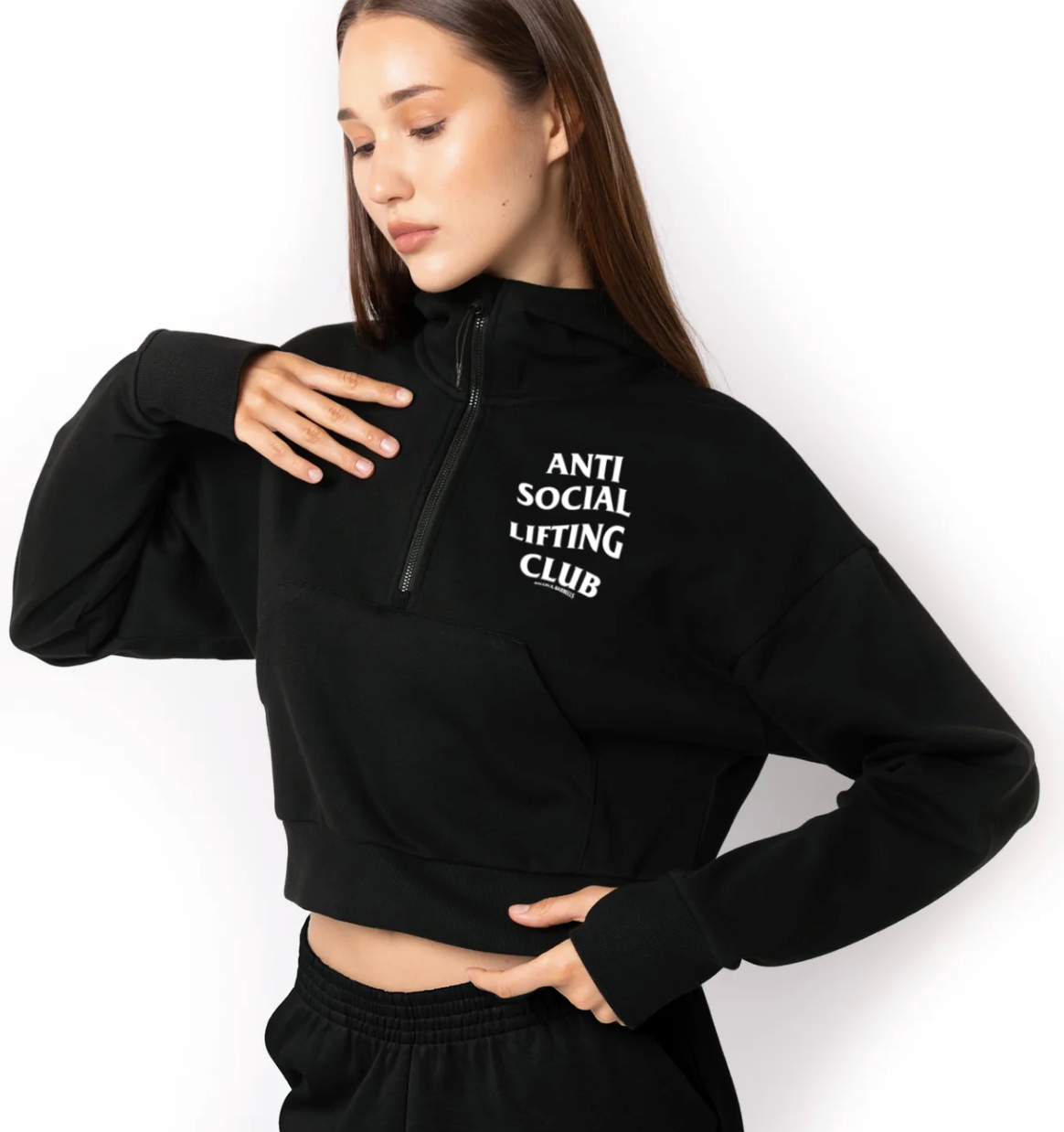 ANTI SOCIAL LIFTING CLUB 1/2 ZIP CROPPED HOODIE (Black/White)
