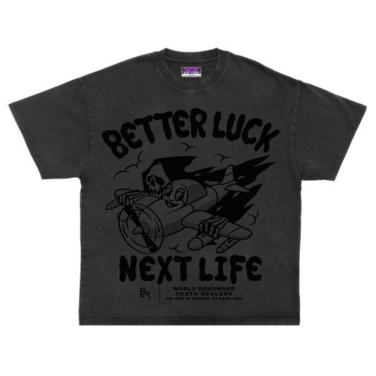 BETTER LUCK NEXT LIFE "DEATH DEALERS" OVERSIZED HEAVYWEIGHT TEE (Off White/Black)