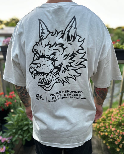 BETTER LUCK NEXT LIFE "DEATH DEALERS II" HEAVYWEIGHT OVERSIZED TEE (Off White/Black)