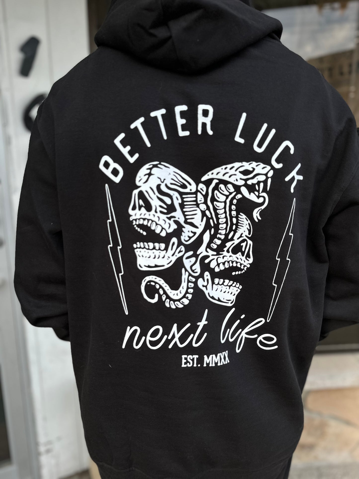 BETTER LUCK NEXT LIFE "NAME/SNAKES" HOODIE (Black/White)