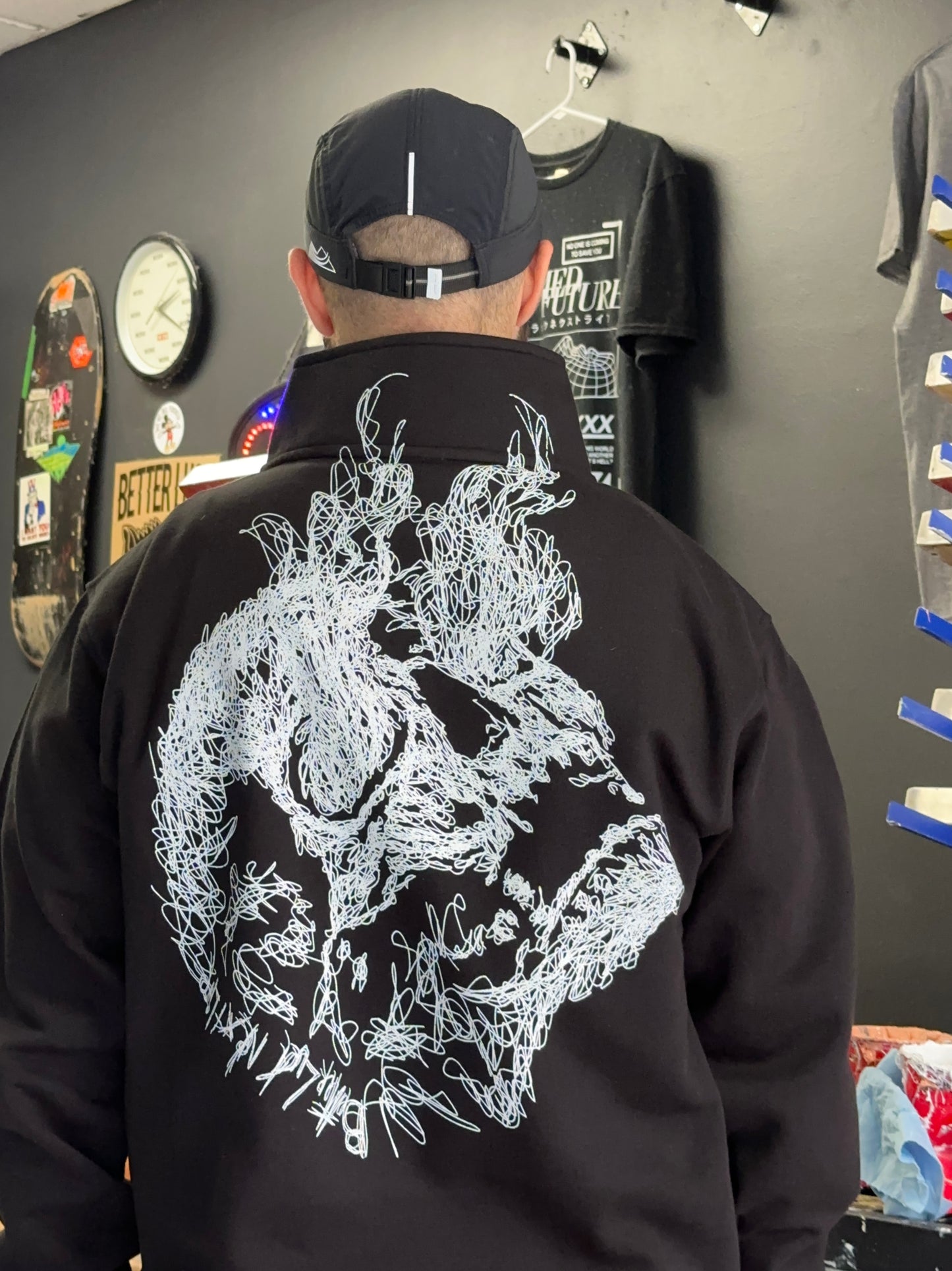 BETTER LUCK NEXT LIFE "ETHEREAL SKULL" 1/4 ZIP SWEATER (Black/White)