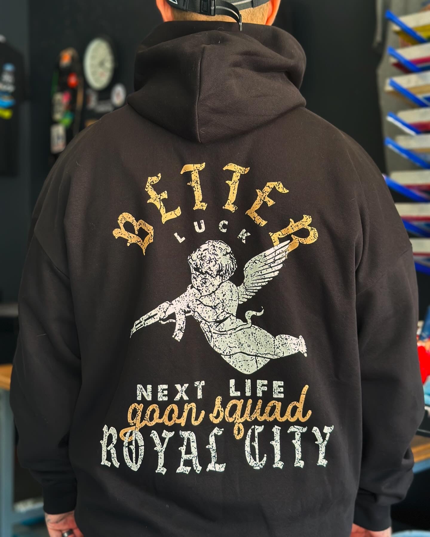 BETTER LUCK NEXT LIFE "GOON SQUAD" 1/2 ZIP HOODIE (Black/Cream/Rust)