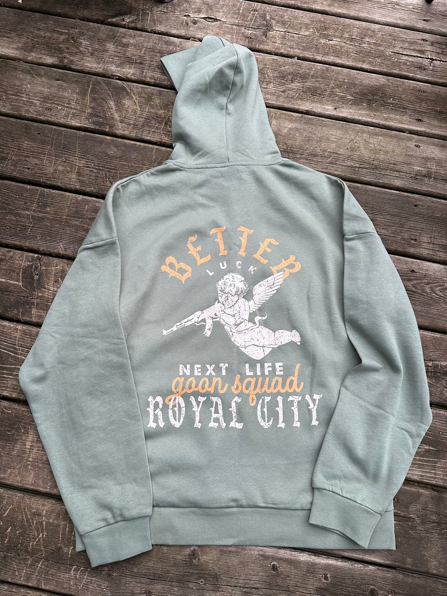 BETTER LUCK NEXT LIFE "GOON SQUAD" HEAVYWEIGHT HOODIE (Sage/Rust/Cream)