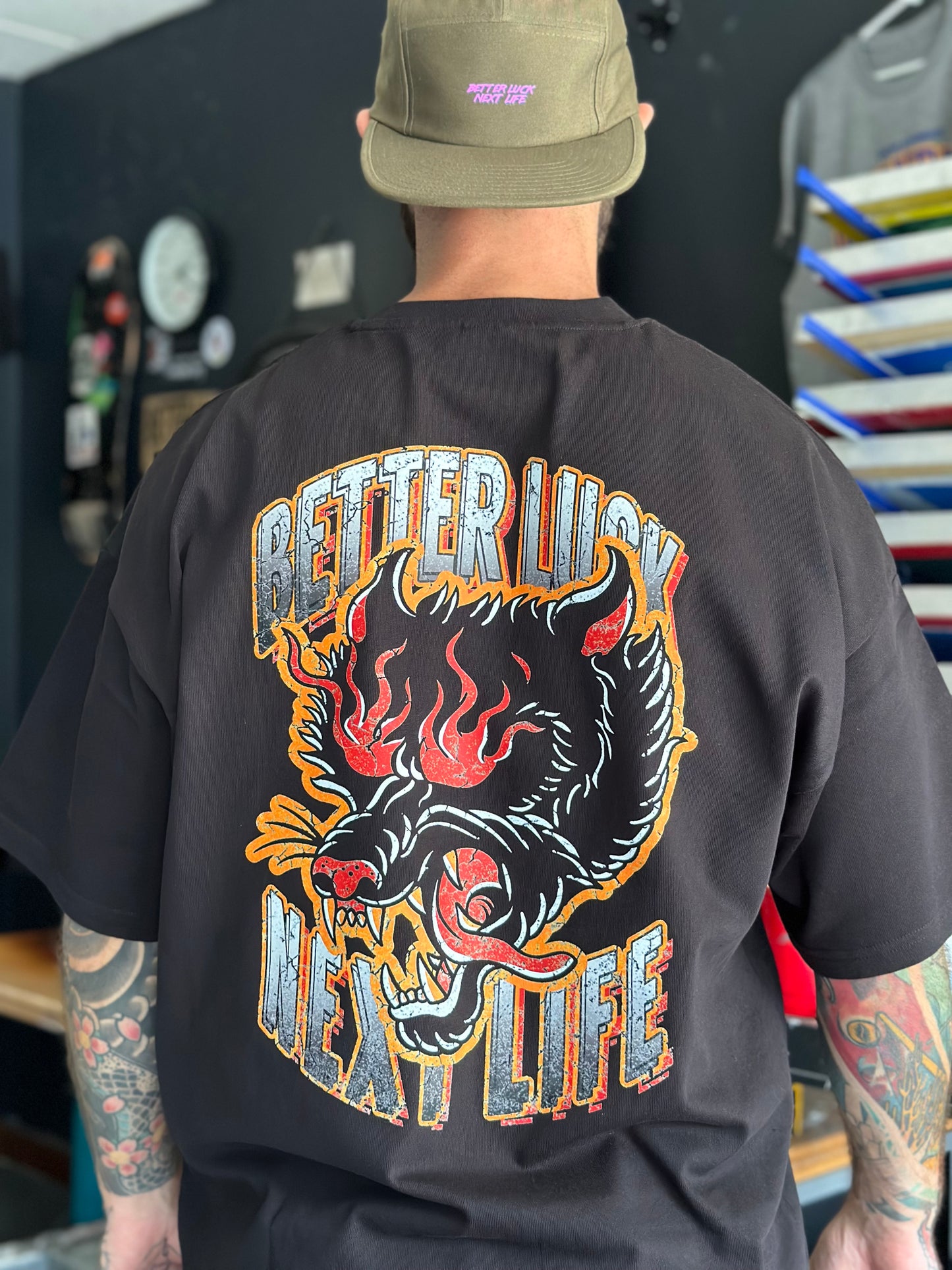 BETTER LUCK NEXT LIFE "INFERNO PANTHER" HEAVYWEIGHT OVERSIZED TEE (Black/Multi)