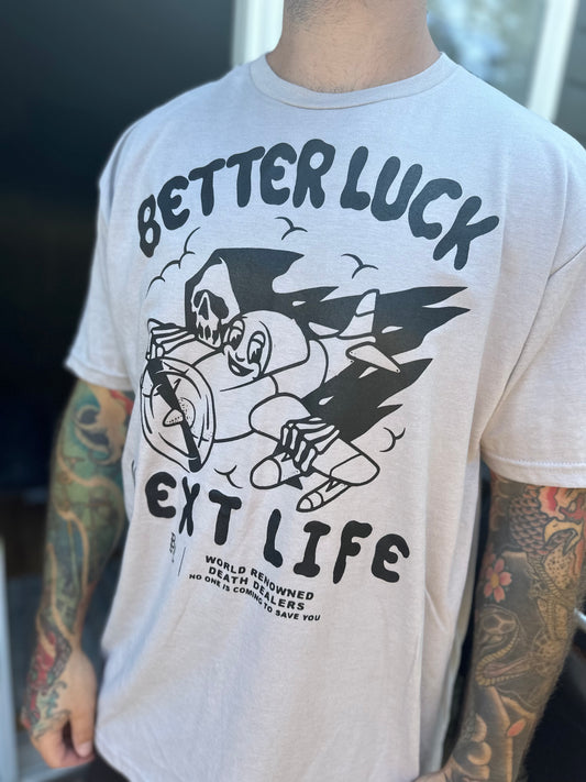 BETTER LUCK NEXT LIFE "DEATH DEALERS" HEAVYWEIGHT OVERSIZED TEE (Off White/Black)