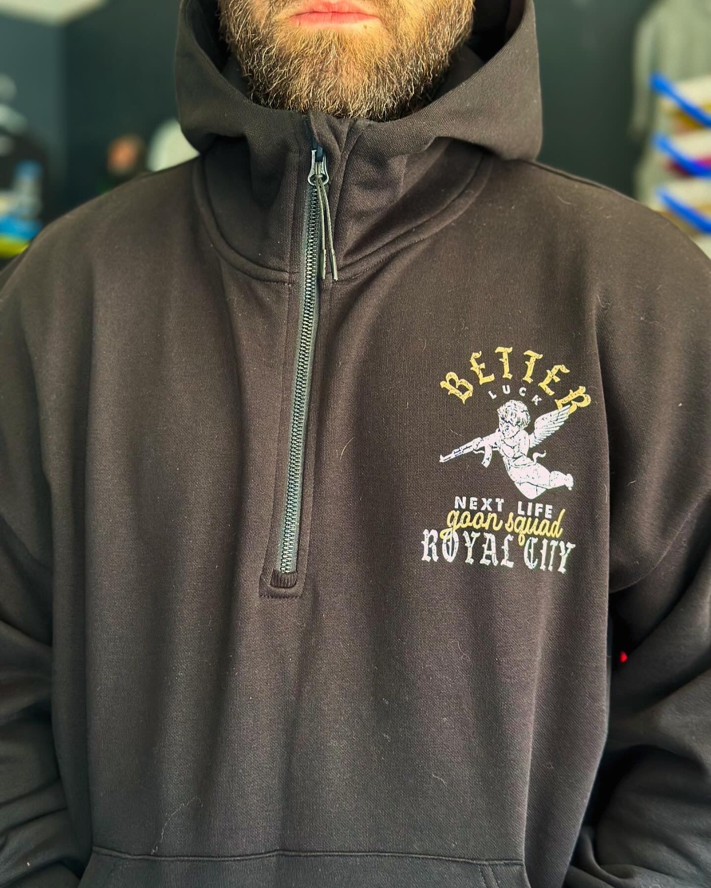 BETTER LUCK NEXT LIFE "GOON SQUAD" 1/2 ZIP HOODIE (Black/Cream/Rust)