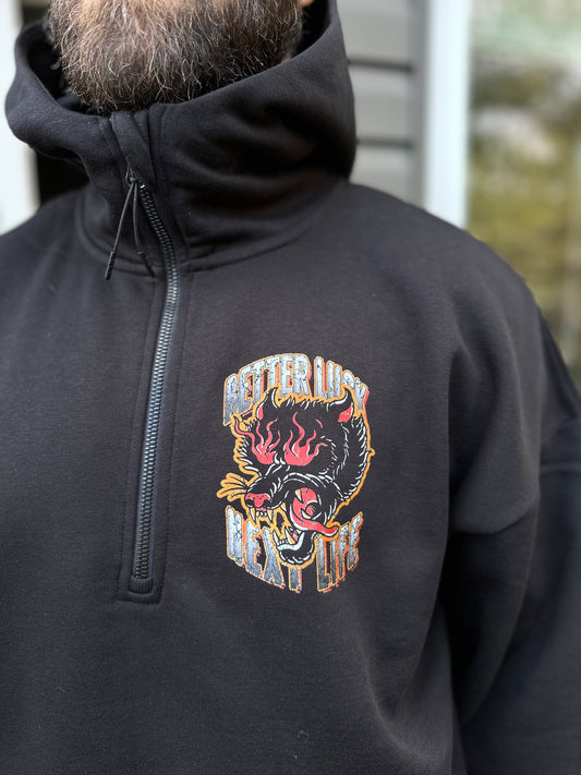 BETTER LUCK NEXT LIFE "FLAME PANTHER" 1/2 ZIP HOODIE (Black/Multi)