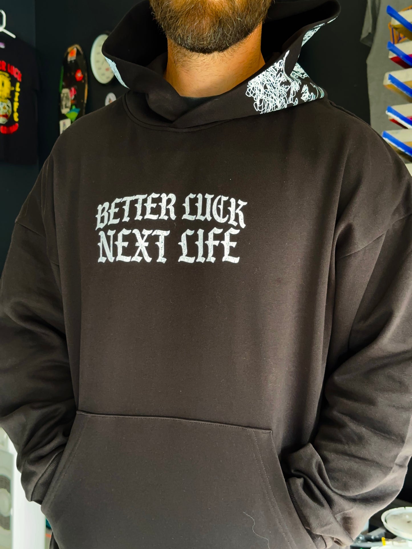 BETTER LUCK NEXT LIFE "TWIN SKULLS" RELAXED FIT HOODIE (Black/White)