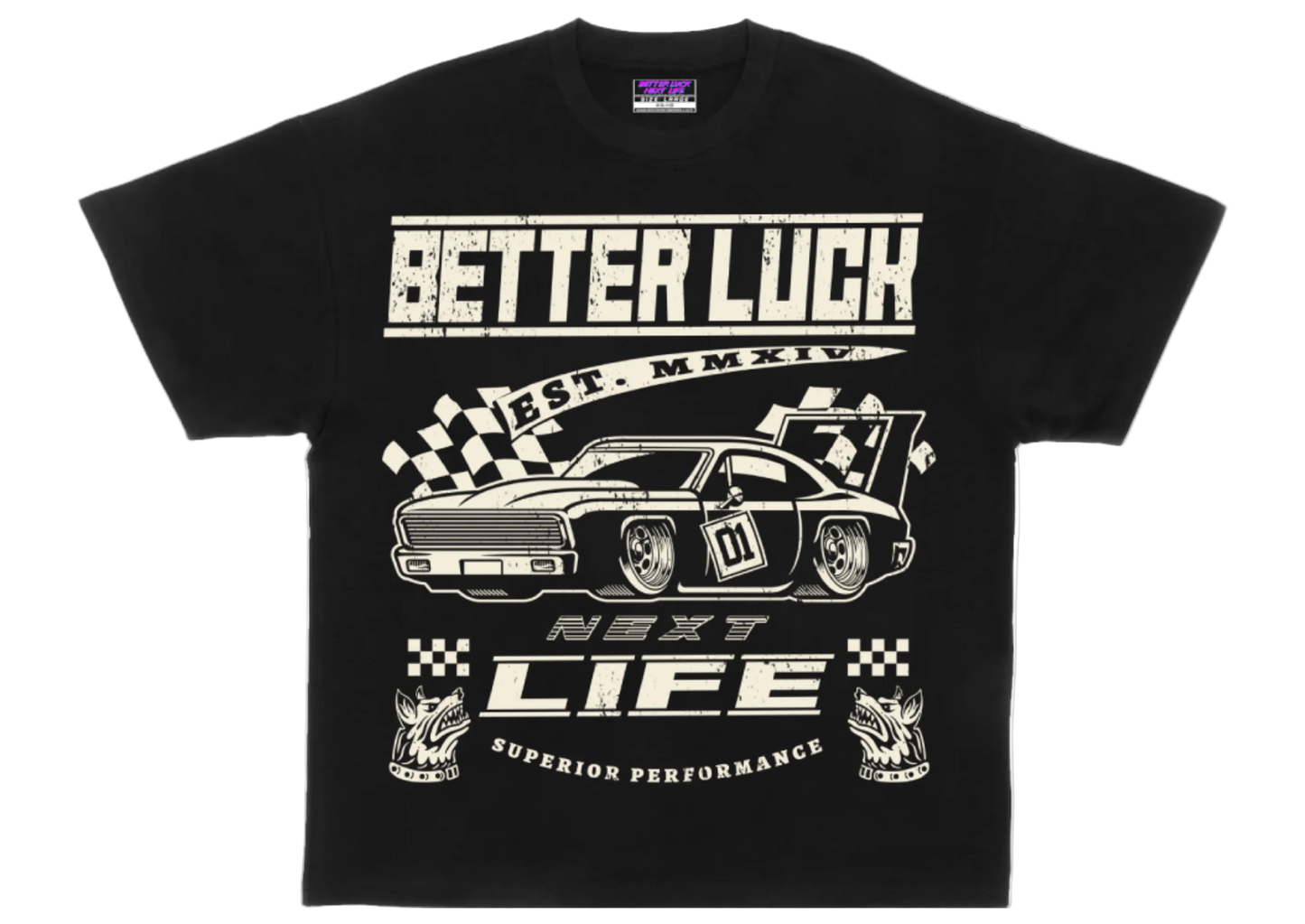 BETTER LUCK NEXT LIFE "SUPERIOR PERFORMANCE" OVERSIZED HEAVYWEIGHT TEE (Black/Cream)