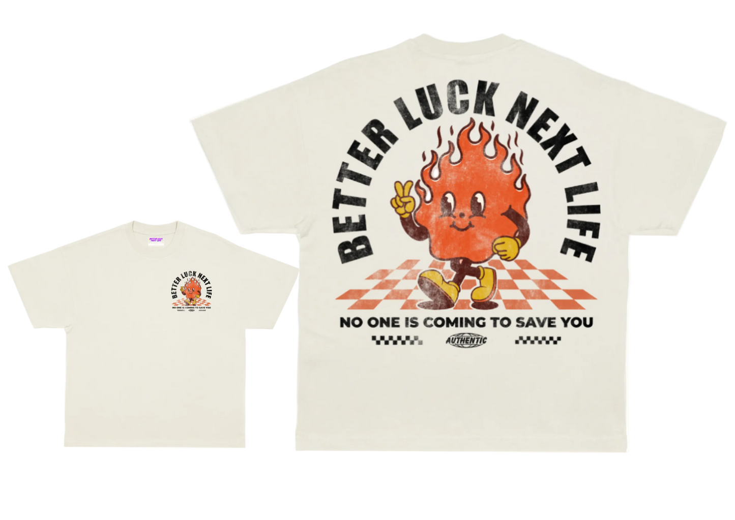 BETTER LUCK NEXT LIFE "IN FLAMES" OVERSIZED HEAVYWEIGHT TEE (Off White/Multi)