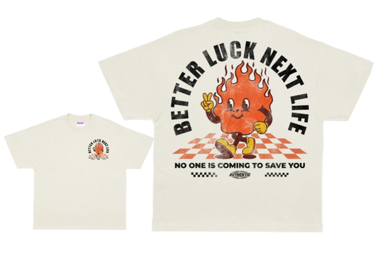 BETTER LUCK NEXT LIFE "IN FLAMES" OVERSIZED HEAVYWEIGHT TEE (Off White/Multi)
