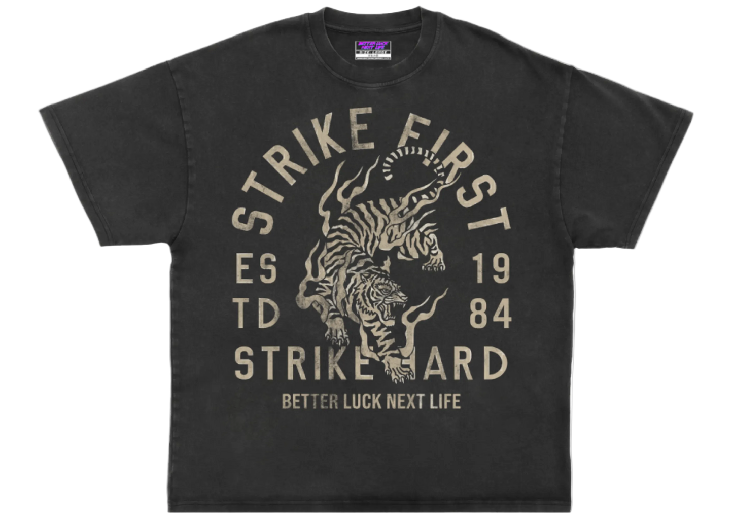 BETTER LUCK NEXT LIFE "STRIKE FIRST" OVERSIZED HEAVYWEIGHT TEE (Acid Wash/Cream)