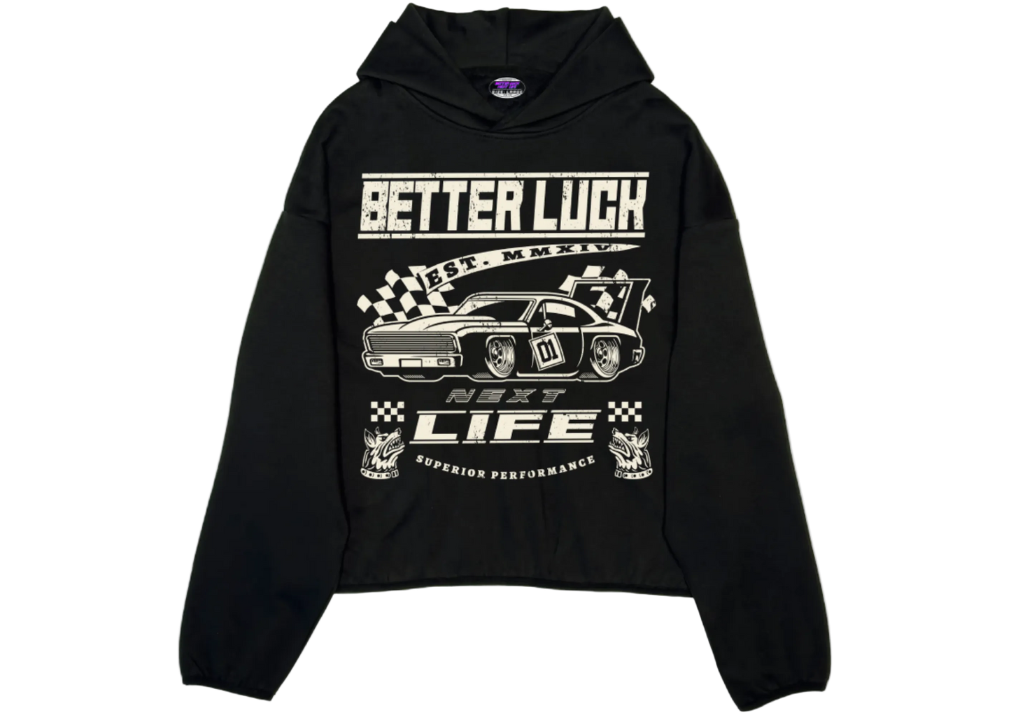 BETTER LUCK NEXT LIFE "SUPERIOR PERFORMANCE" TECH-FLEECE HOODIE (Black/Cream)