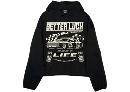 BETTER LUCK NEXT LIFE "SUPERIOR PERFORMANCE" TECH-FLEECE HOODIE (Black/Cream)