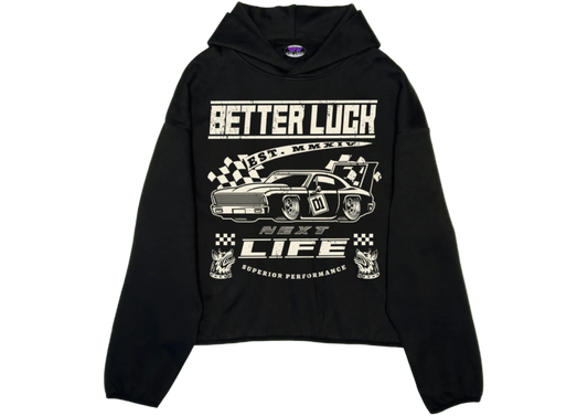 BETTER LUCK NEXT LIFE "SUPERIOR PERFORMANCE" TECH-FLEECE HOODIE (Black/Cream)