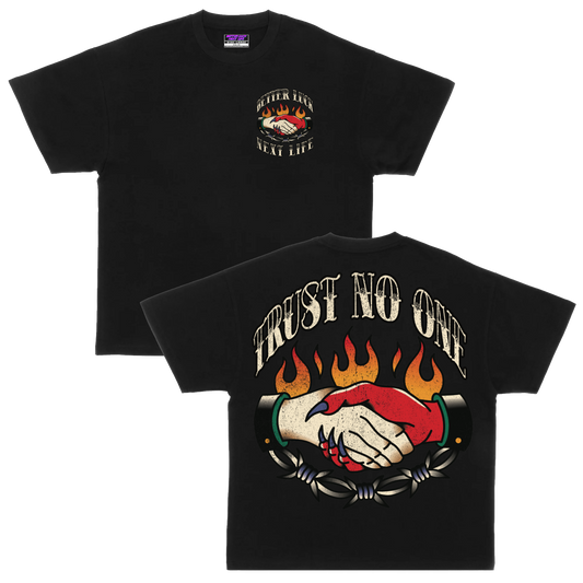 BETTER LUCK NEXT LIFE "TRUST NO ONE" HEAVYWEIGHT OVERSIZED TEE (Black/Multi)