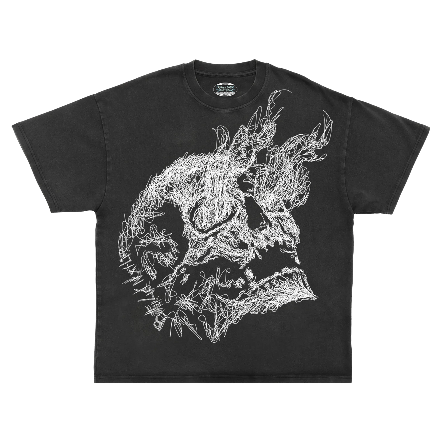 BETTER LUCK NEXT LIFE "ONE LINE SKULL" HEAVYWEIGHT OVERSIZED TEE (Acid Wash/White)