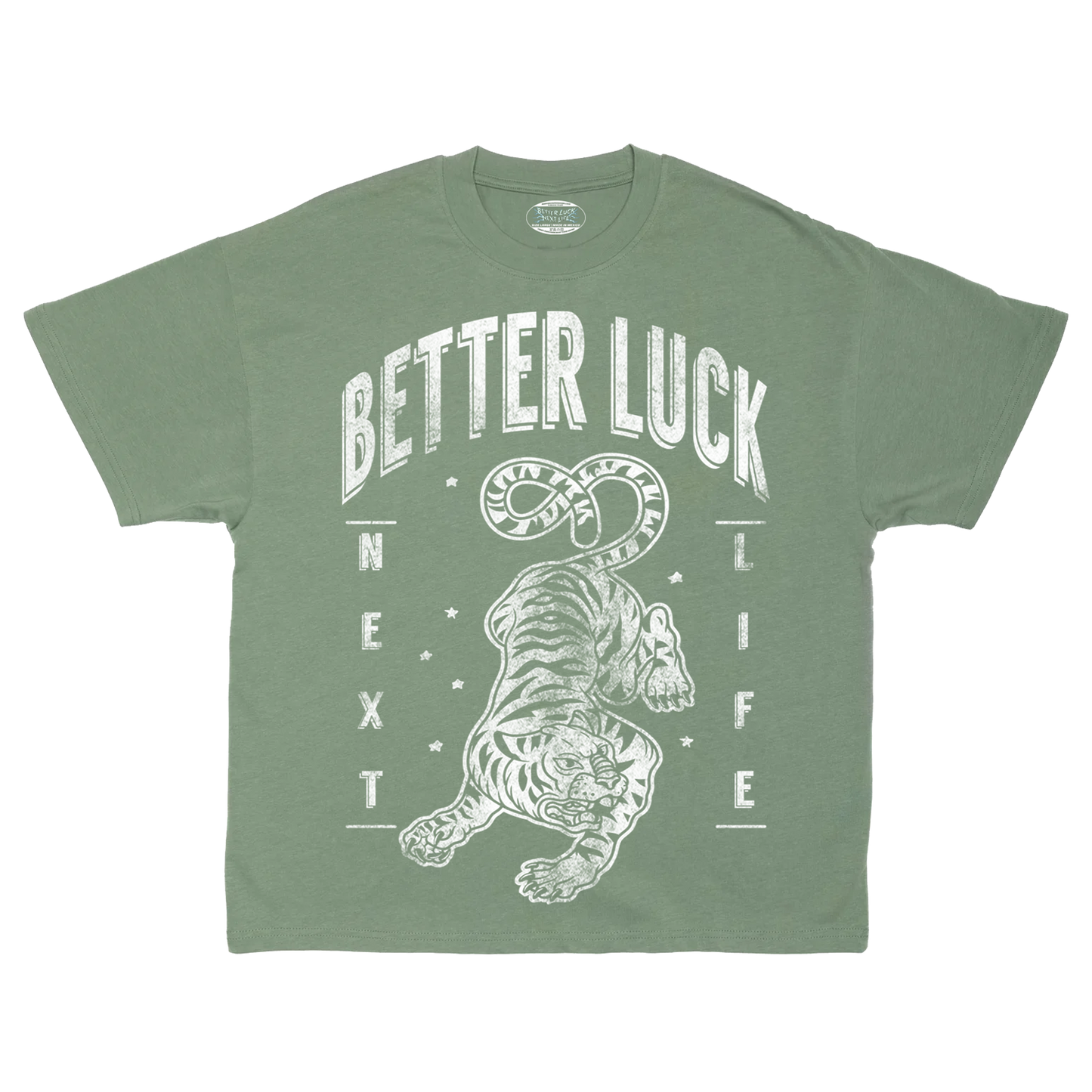 BETTER LUCK NEXT LIFE "VINTAGE TIGER" HEAVYWEIGHT OVERSIZED TEE (Sage/Vintage White)