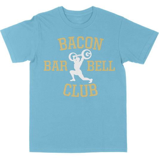 10 YEAR REISSUE - "BACON BARBELL CLUB" 2020 TEE (Blue/Gold/White)