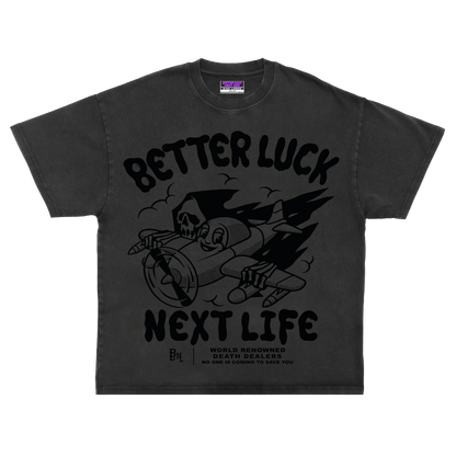BETTER LUCK NEXT LIFE "DEATH DEALERS" OVERSIZED HEAVYWEIGHT TEE (Off White/Black)