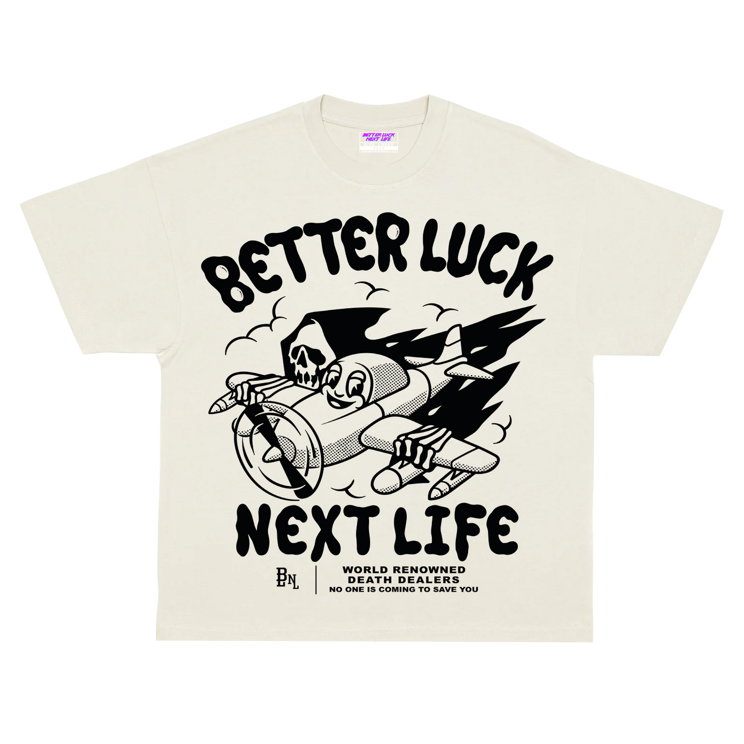 BETTER LUCK NEXT LIFE "DEATH DEALERS" OVERSIZED HEAVYWEIGHT TEE (Off White/Black)