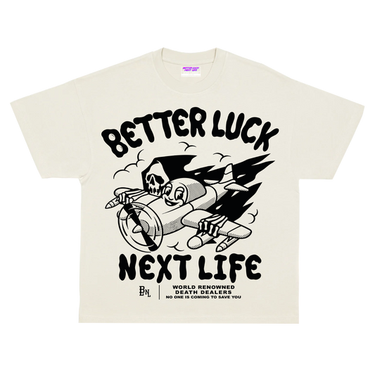 BETTER LUCK NEXT LIFE "DEATH DEALERS" OVERSIZED HEAVYWEIGHT TEE (Off White/Black)
