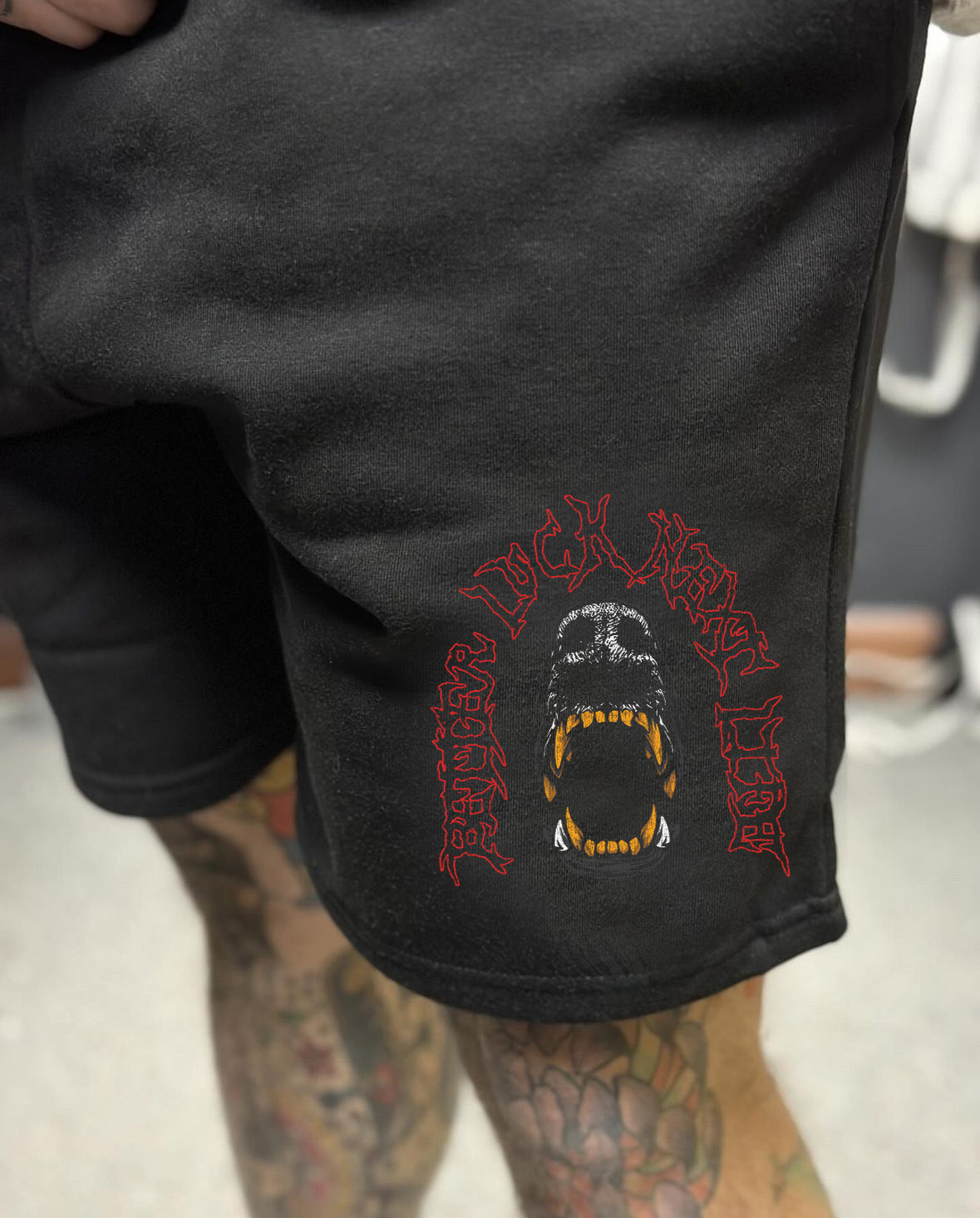 BETTER LUCK NEXT LIFE "DOG'S TEETH" 7" INSEAM SWEATSHORTS (Black/Red/Gold)