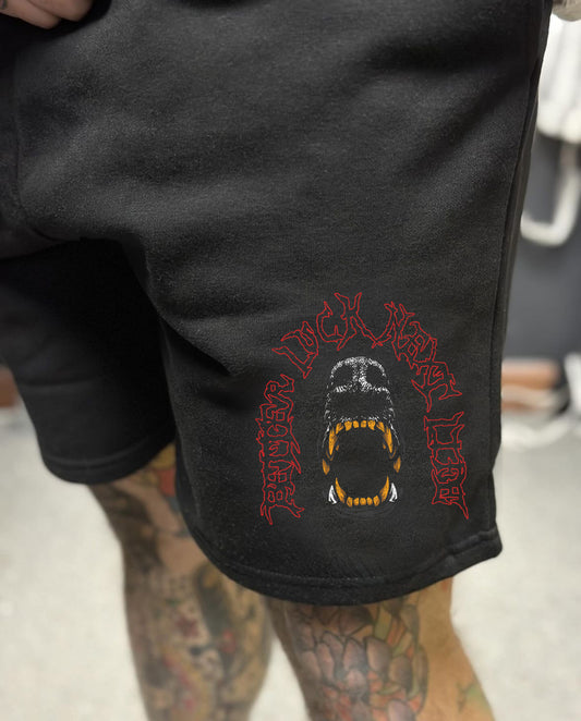 BETTER LUCK NEXT LIFE "DOG'S TEETH" 7" INSEAM SWEATSHORTS (Black/Red/Gold)