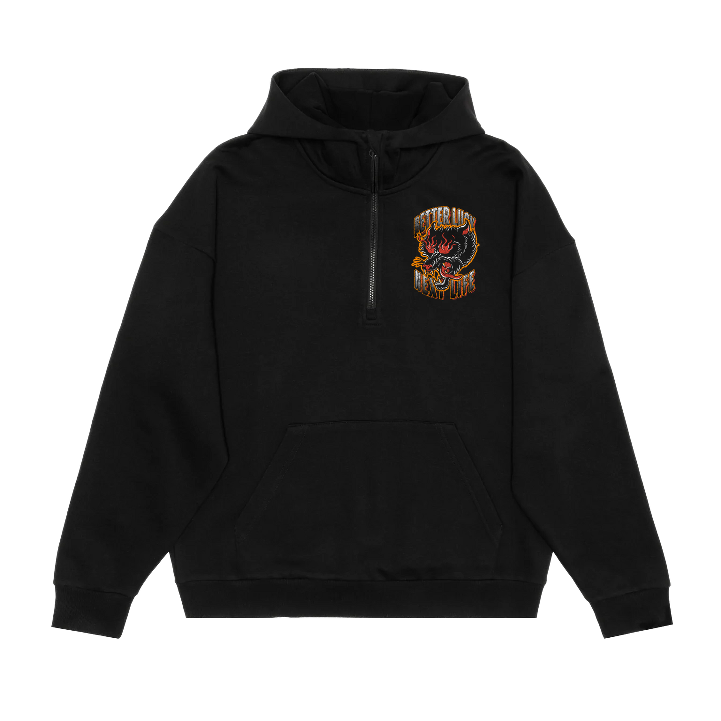 BETTER LUCK NEXT LIFE "FLAME PANTHER" 1/2 ZIP HOODIE (Black/Multi)