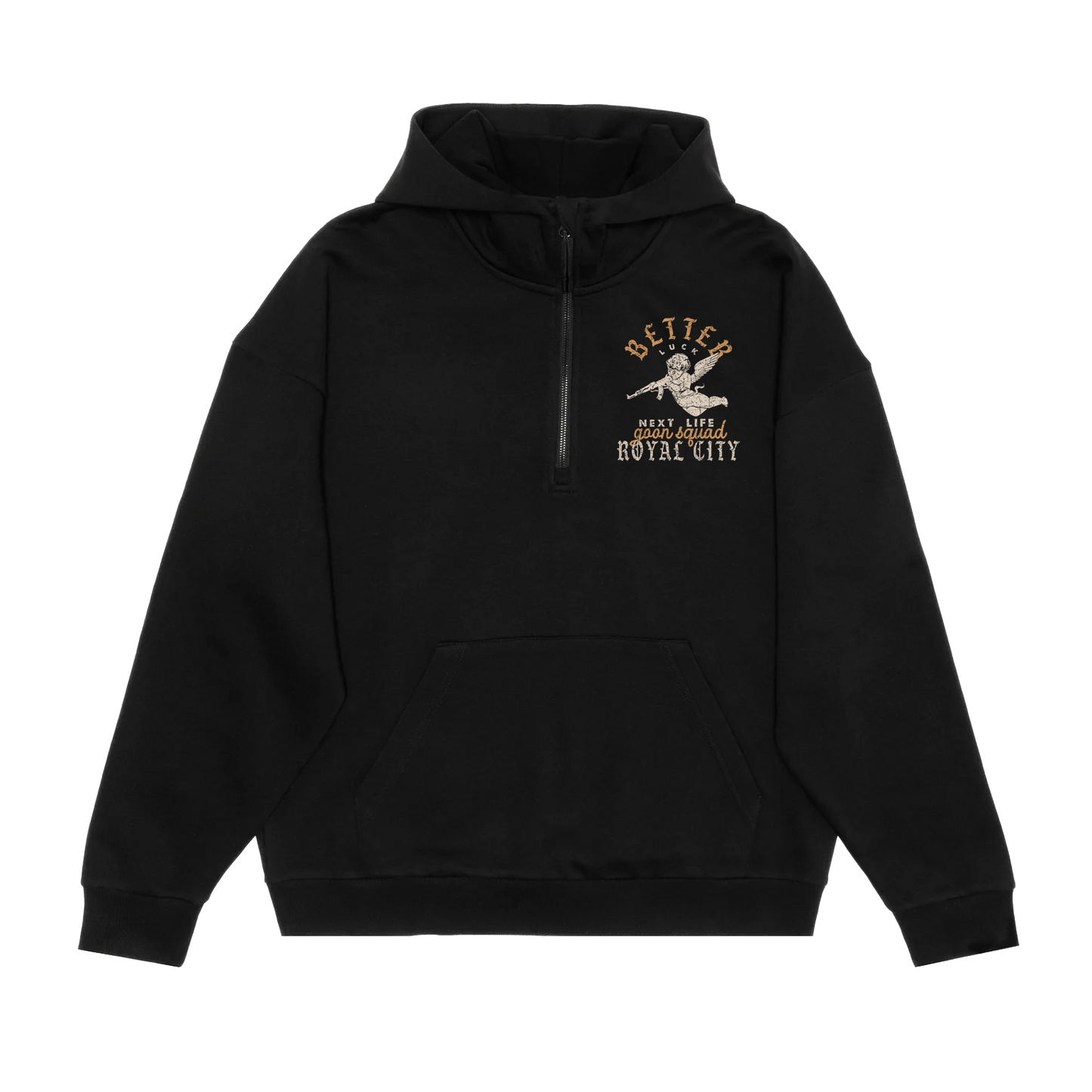 BETTER LUCK NEXT LIFE "GOON SQUAD" 1/2 ZIP HOODIE (Black/Cream/Rust)