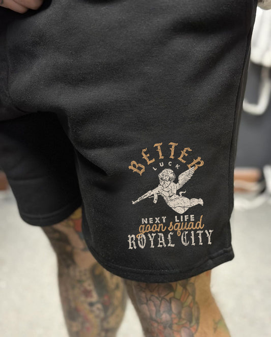 BETTER LUCK NEXT LIFE "GOON SQUAD" 7" INSEAM SWEATSHORTS (Black/Rust/Cream)