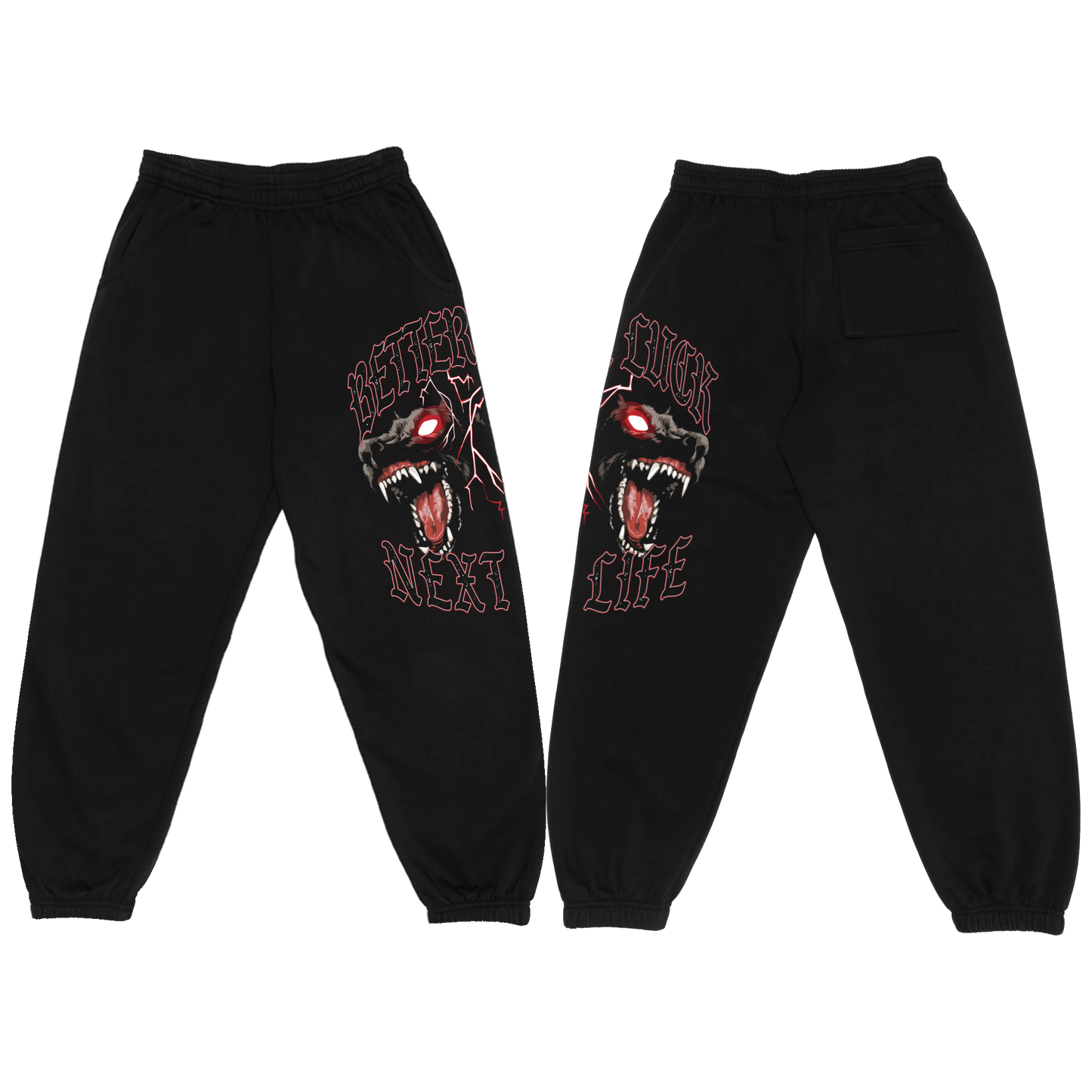 BETTER LUCK NEXT LIFE "HELLHOUNDS" SWEATPANTS (Black/White/Red)