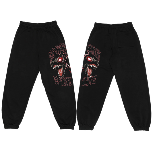 BETTER LUCK NEXT LIFE "HELLHOUNDS" SWEATPANTS (Black/White/Red)