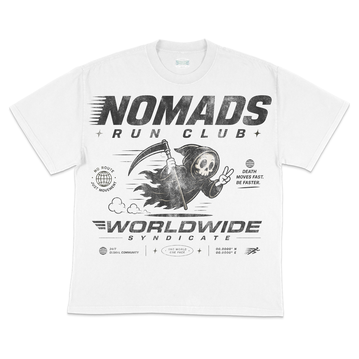 NOMADS RUN CLUB "DEATH MOVES FAST" TEE (White/Black)