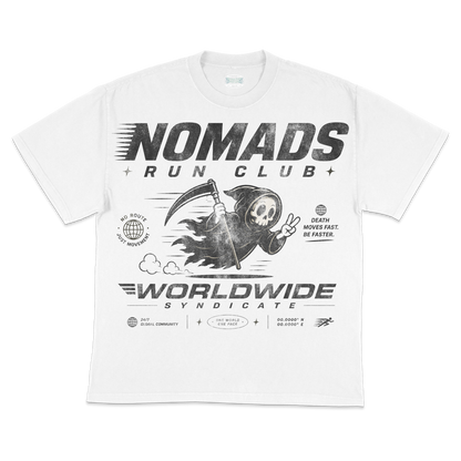 NOMADS RUN CLUB "DEATH MOVES FAST" TEE (White/Black)