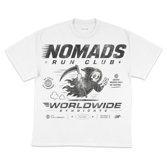 NOMADS RUN CLUB "DEATH MOVES FAST" TEE (White/Black)
