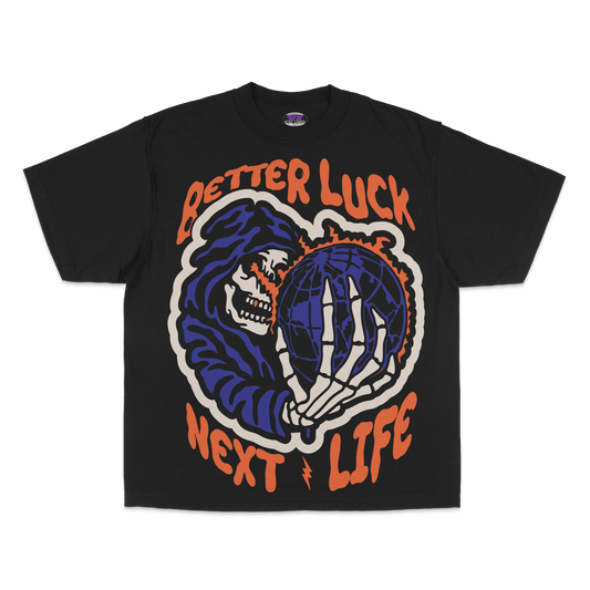BETTER LUCK NEXT LIFE "REAPER'S WORLD" OVERSIZED HEAVYWEIGHT TEE (Black/Orange/Cream)