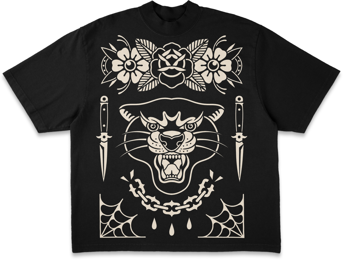 BETTER LUCK NEXT LIFE "THE PANTHER & THE KNIVES" HEAVYWEIGHT OVERSIZED TEE (Black/Cream)