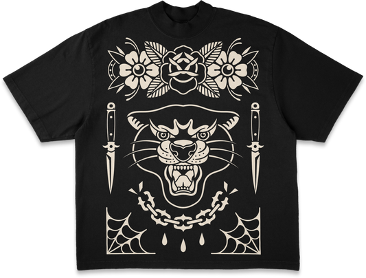 BETTER LUCK NEXT LIFE "THE PANTHER & THE KNIVES" HEAVYWEIGHT OVERSIZED TEE (Black/Cream)