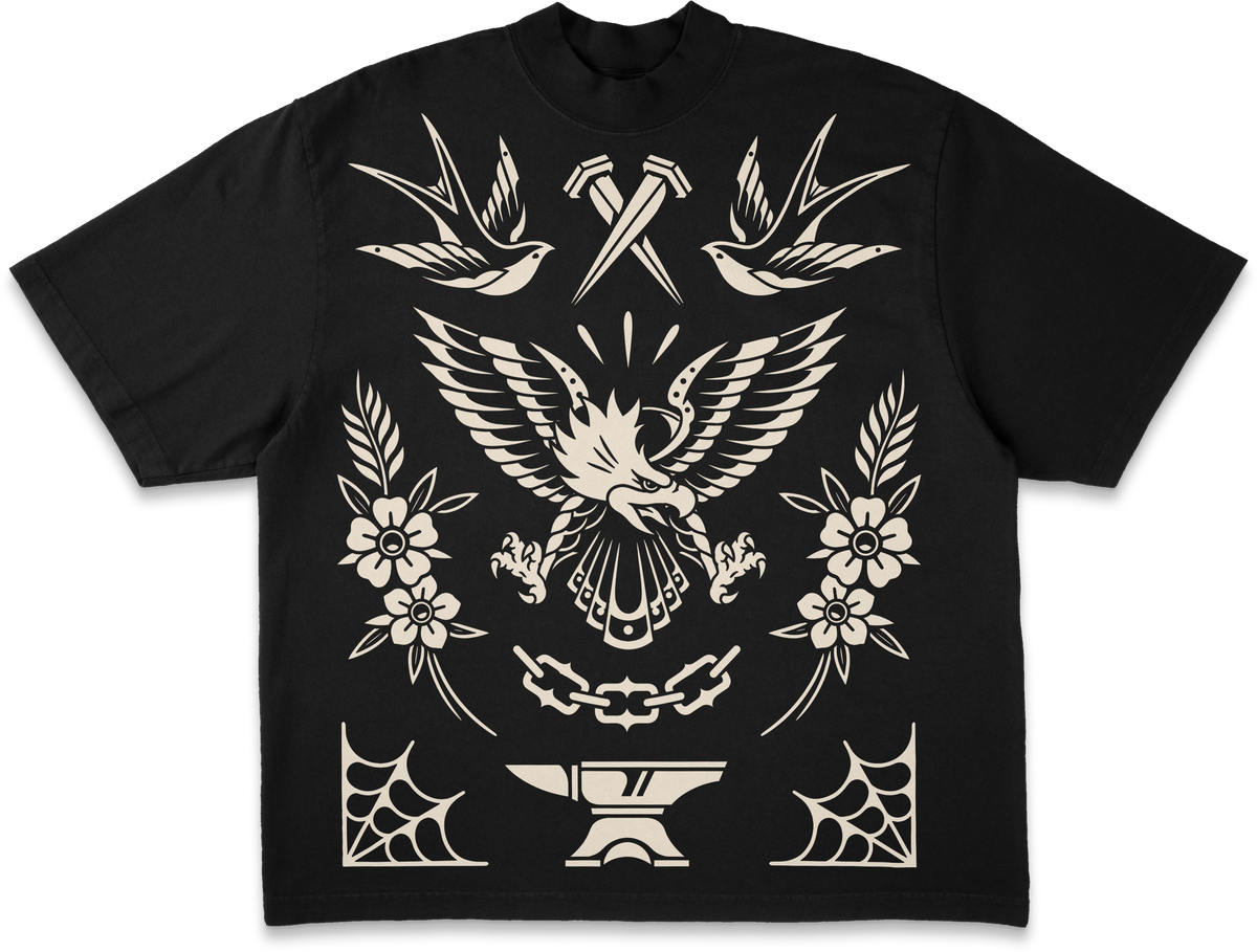 BETTER LUCK NEXT LIFE "THE EAGLE & THE ANVIL" HEAVYWEIGHT OVERSIZED TEE (Black/Cream)