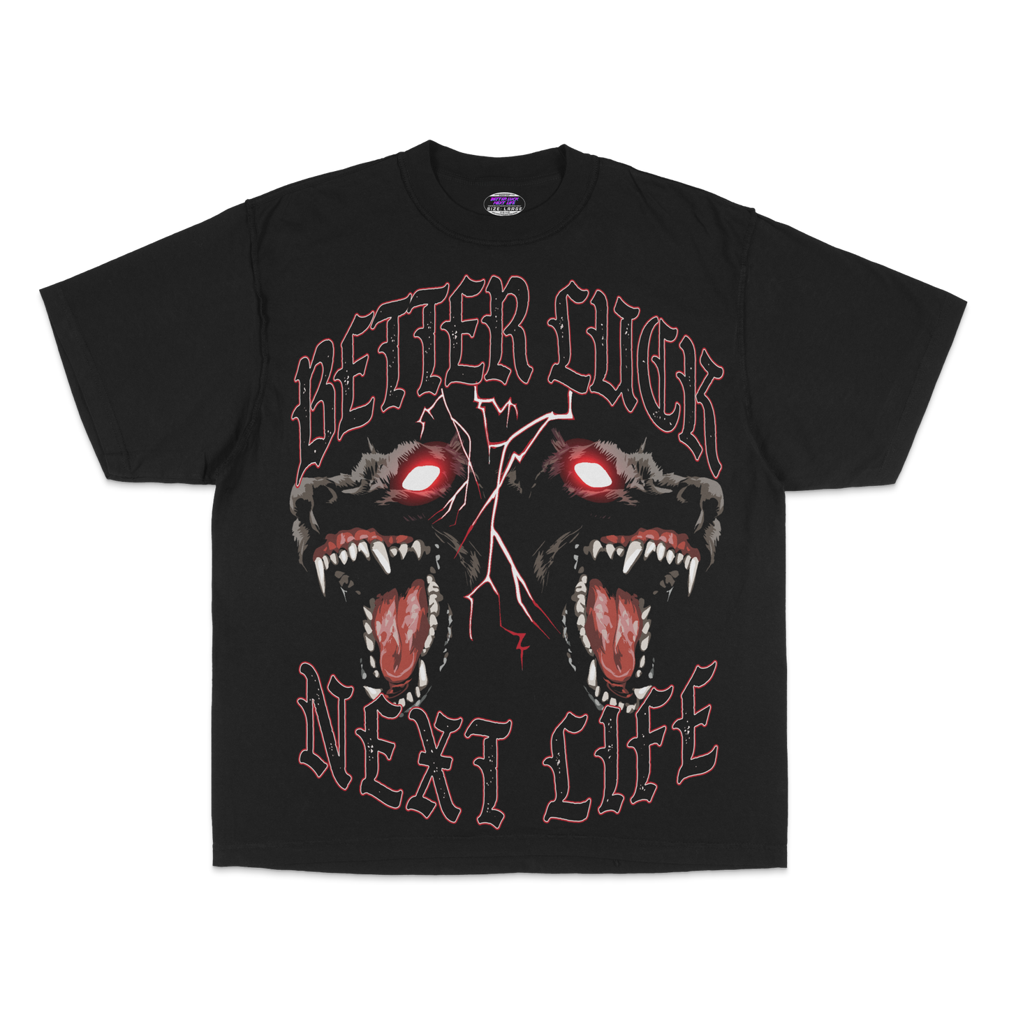 BETTER LUCK NEXT LIFE "HELLHOUNDS" OVERSIZED HEAVYWEIGHT TEE (Black/Red/White)