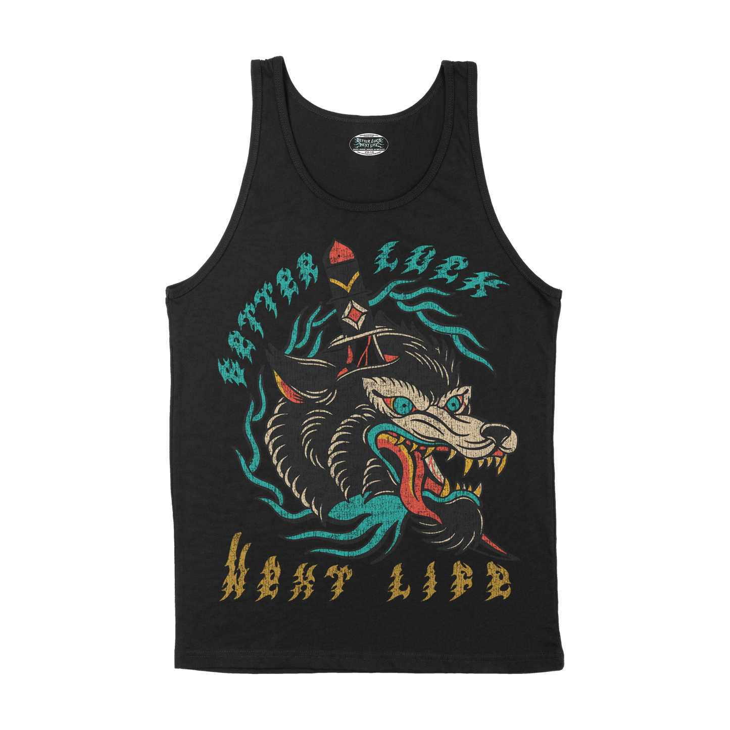 BETTER LUCK NEXT LIFE "WOLF STABBY STABBY" TANK TOP (Black/Multi)
